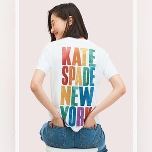 Kate Spade Rainbow Glitter Logo Tee in White Size XXS New!